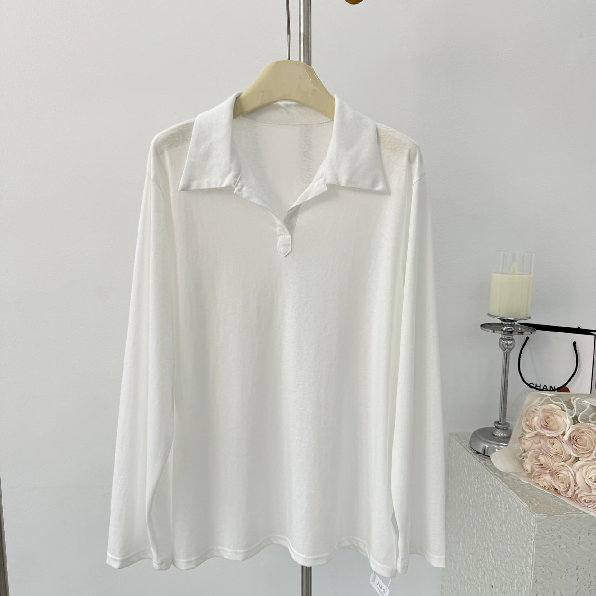 한 비 지아 인생 화이트 polo t 화이트 캐주얼 긴팔 티셔츠 여성 가을 루즈핏 폴로 칼라 POLO 셔츠 맨위 이미지 4