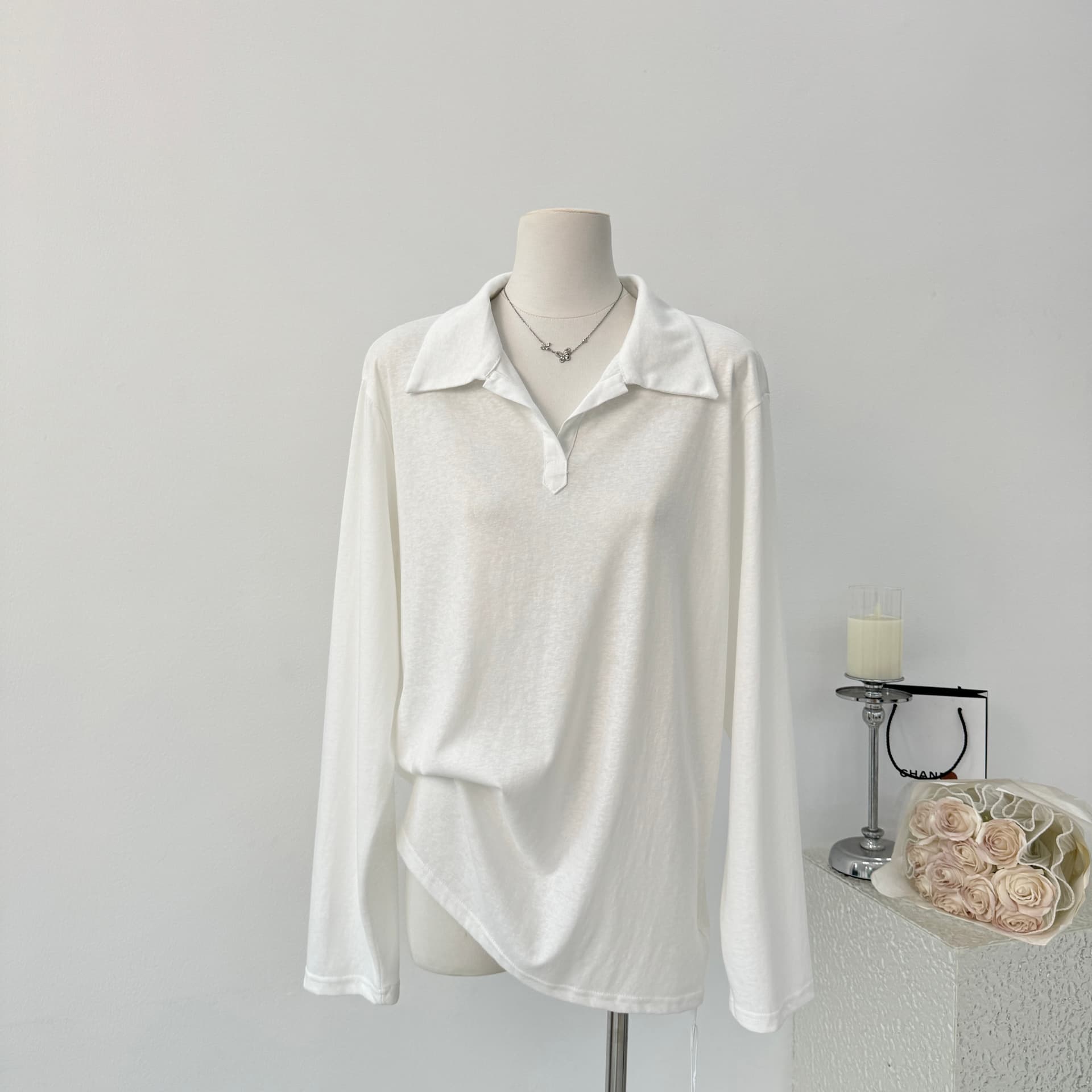 한 비 지아 인생 화이트 polo t 화이트 캐주얼 긴팔 티셔츠 여성 가을 루즈핏 폴로 칼라 POLO 셔츠 맨위 상세 이미지 4