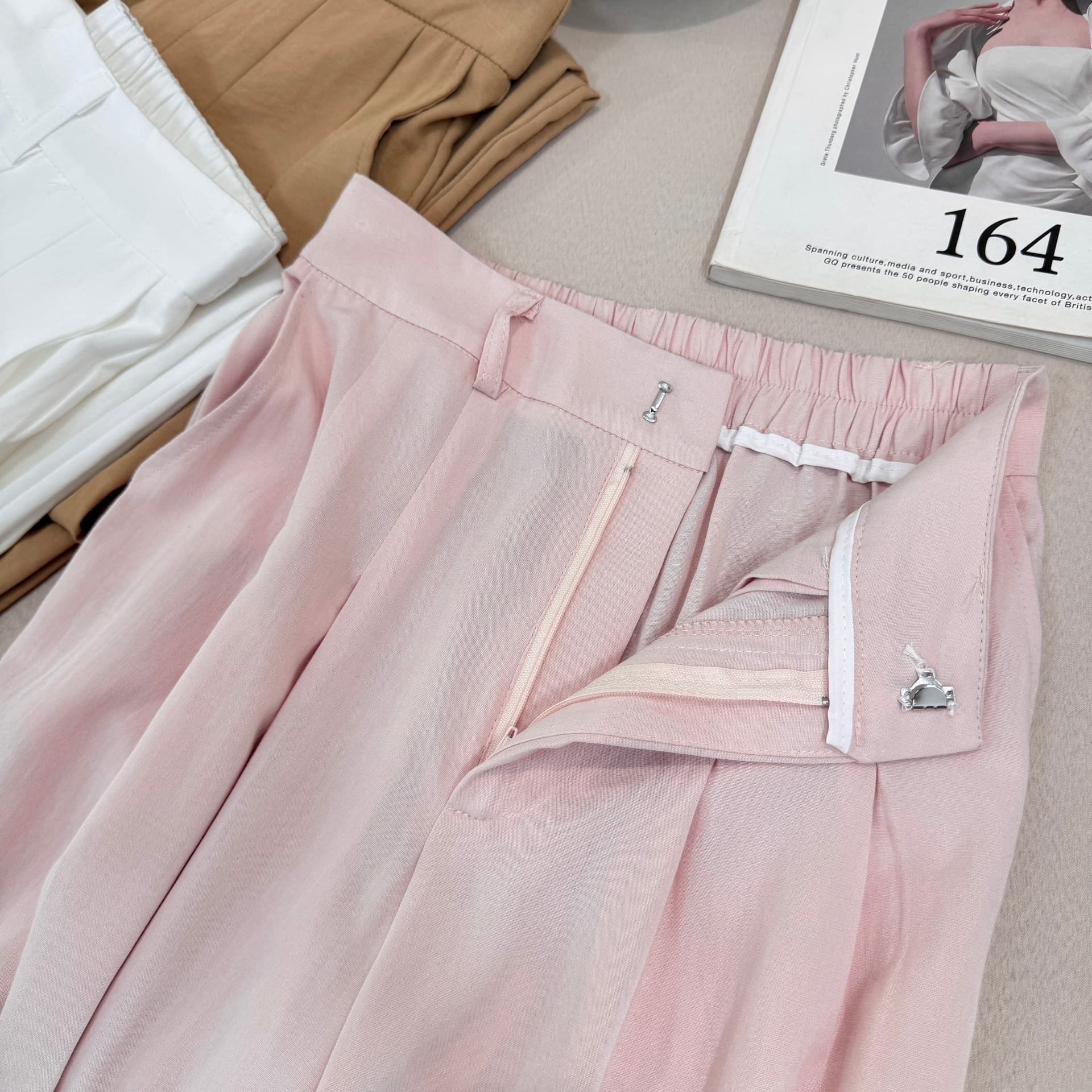 yuyureal 산소 100 전체 아마 여름 에어컨 화이트 핑크색 캐주얼 바지 도루 센스 넓은 다리 면 린넨 바지 상세 이미지 15