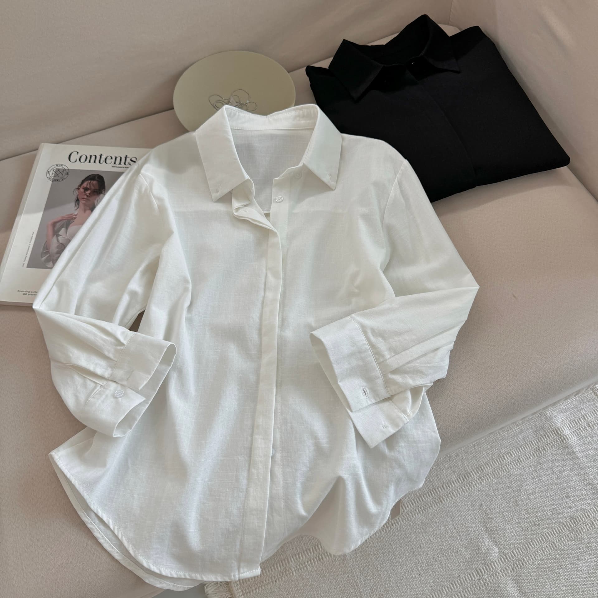 5werkwen 자연 산소 오른쪽 느슨함 지배 1oo 아마 수공 뒤집다 Pleat 볼륨 측면 소매 루즈핏 셔츠 상세 이미지 8