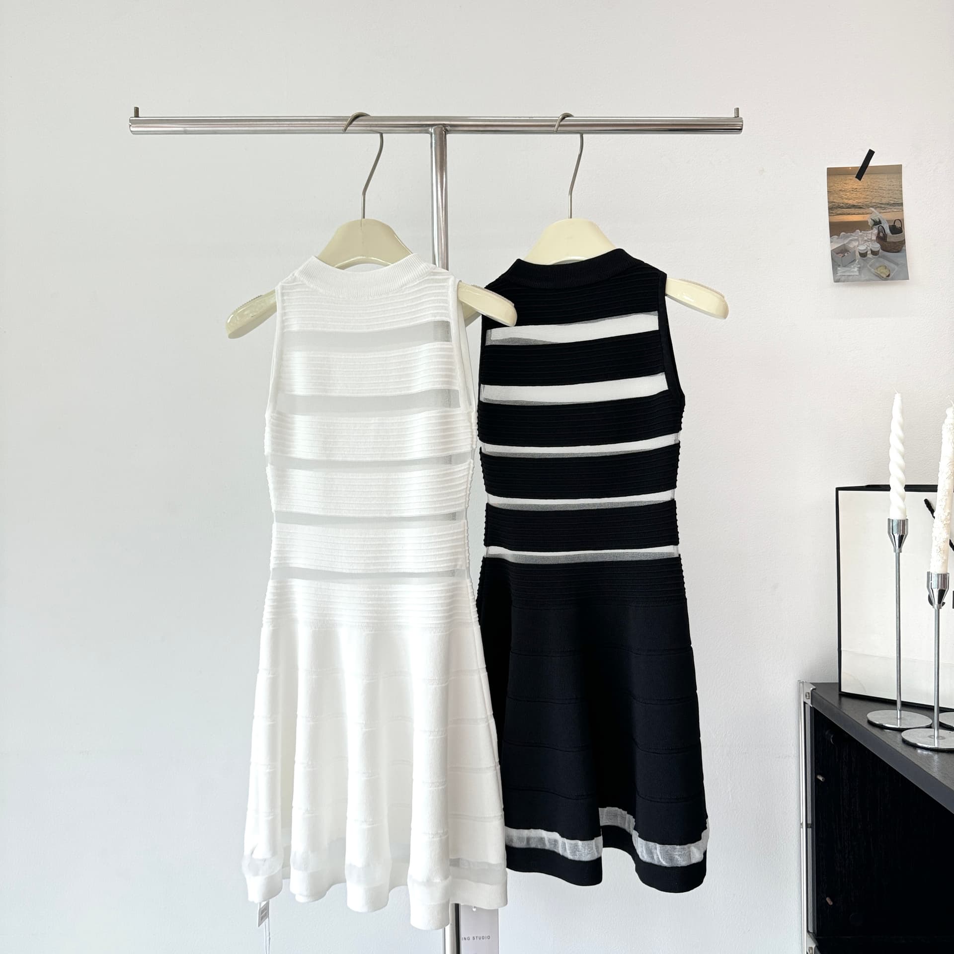 okmashop 장 원 영어 같은 단락 민소매 여성 드레스 여름 고급 센스 품격 홀로우 아웃 허리 수축 치마 상세 이미지 3