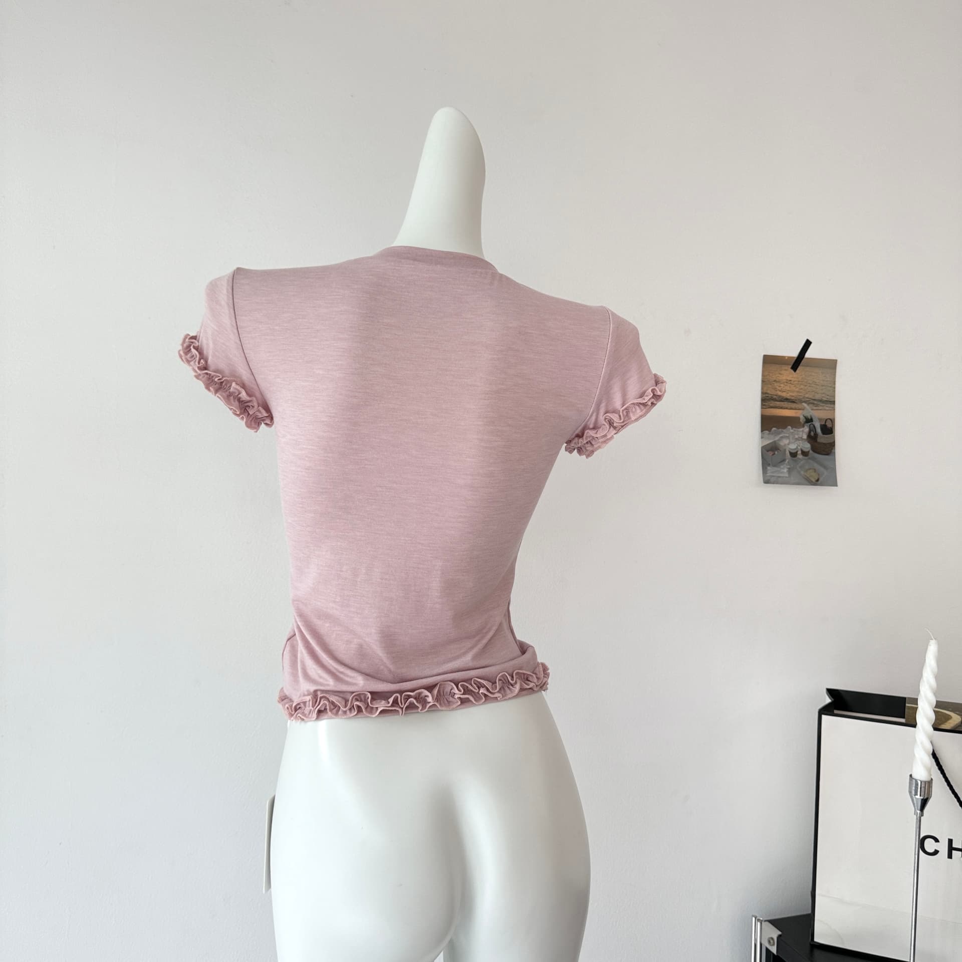 le rouge 주 아름다움 소금 부서 부드러운 자매 주간 실크 양모 목이버섯 레이스 라운드 넥 긍정적 인 어깨 t 반팔 티셔츠 맨위 상세 이미지 6