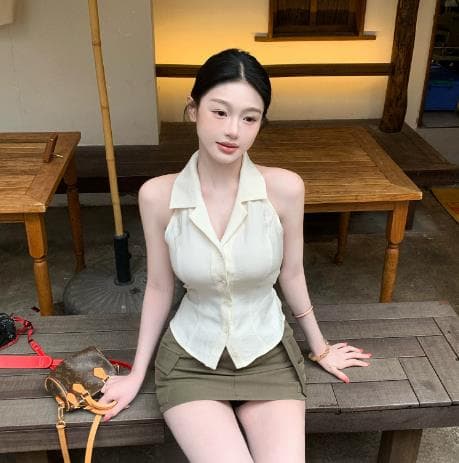 fart shop 천천히 럭셔리 멜로디 살구 색상 POLO 칼라 민소매 베스트 여성 셔츠 봄 여름 몸매 가꾸기 맨위