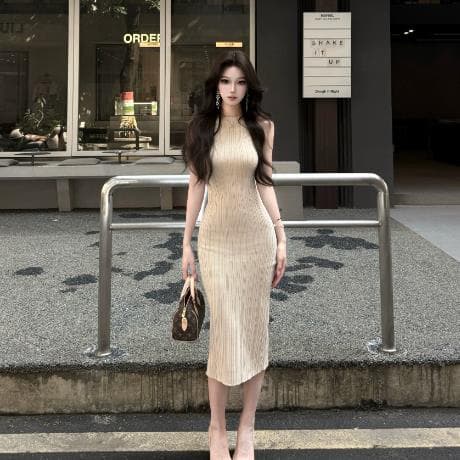 awmumu 높음 지혜 센스 니트 민소매 조끼 스커트 타이트 스커트 여성 로얄 자매 바람 몸매 가꾸기 슬림해 보이는 인사이드 가져 가라. 여성 드레스 상세 이미지 2
