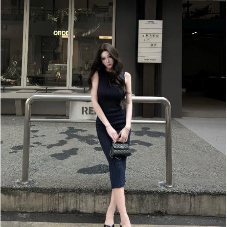 awmumu 높음 지혜 센스 니트 민소매 조끼 스커트 타이트 스커트 여성 로얄 자매 바람 몸매 가꾸기 슬림해 보이는 인사이드 가져 가라. 여성 드레스 상세 이미지 3