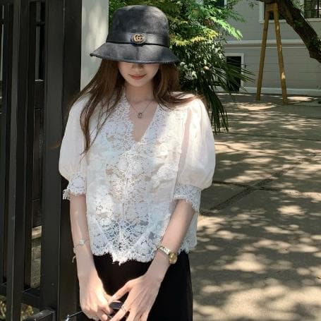 eewen la mode 무거운 작업 센스 레이스 라미 패치워크 반팔 슬림해 보이는 상세 이미지 1