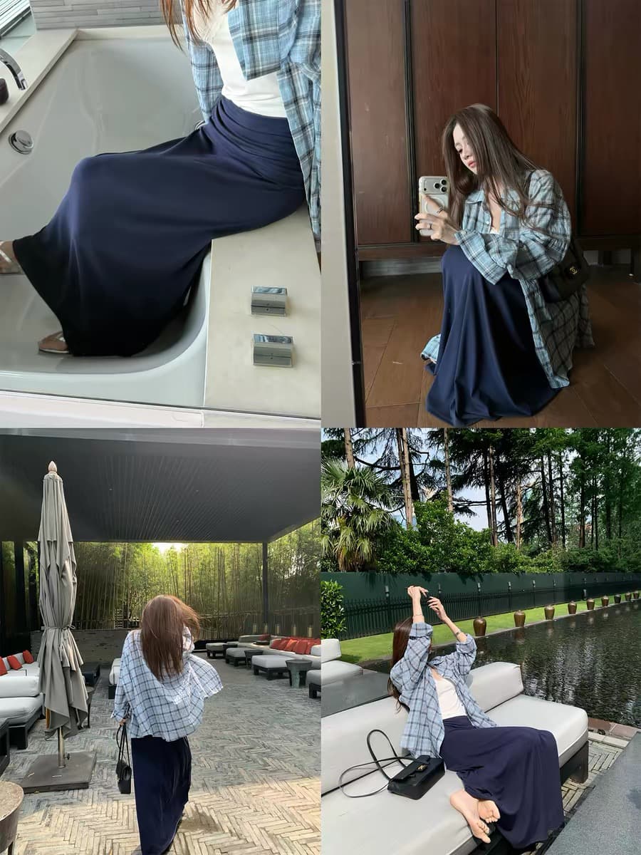 빛 사람들 미학 현재 문제 반드시 입력 90 주간 실크 느슨함 센스 뒤집다 측면 허리 대 치마 바닥 청소 롱 스커트 반신 스커트 여름 이미지 4