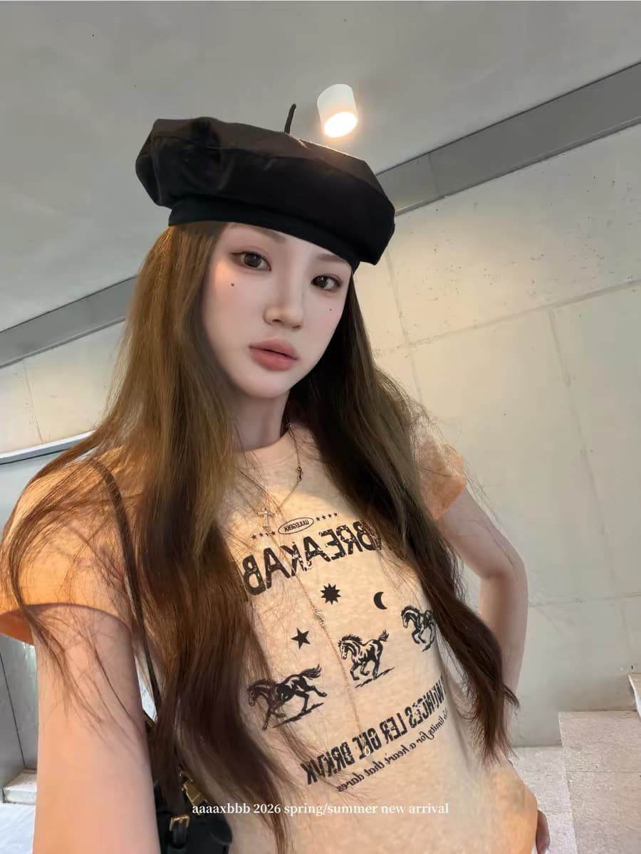 aaaaxbbb 레트로 vibe 슈퍼 어려운 마 오래된 공예 레트로 티셔츠 쇼트 스타일 라운드 넥 작은 말 프린트 반팔 tee 상세 이미지 3