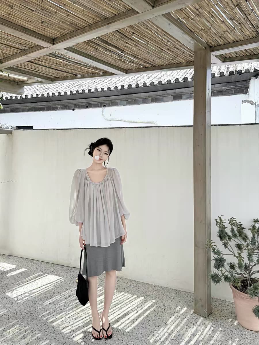 laareetoo 2 가지 색상 긴팔 라운드 넥 시폰 셔츠 여성 여름 디자인 센스 맨위 품격 슬림해 보이는 작은 셔츠 상세 이미지 6