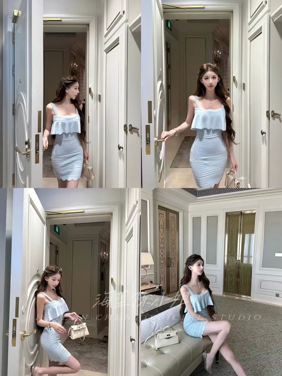 qiauuu 얼음 블루 깃털 눈 세트 염색 유리 블루 프릴 신축성 니트 허리 수축 몸매 가꾸기 슬립 타이트 스커트 여성 상세 이미지 2