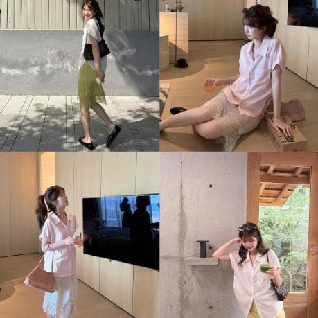im ~까지 느슨함 그레이트 착용 주간 실크 라미 여성 셔츠 얇은 스타일 디자인 센스 느긋한 핀치 Pleat 반팔 맨위 상세 이미지 2