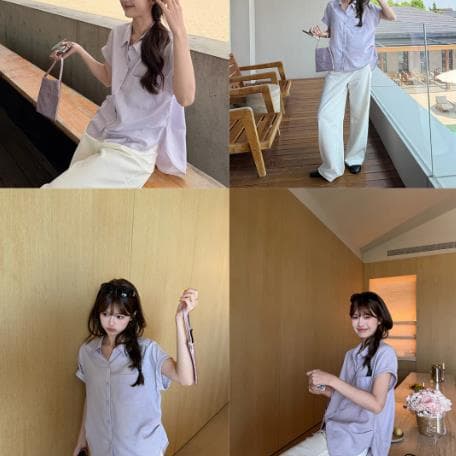 im ~까지 느슨함 그레이트 착용 주간 실크 라미 여성 셔츠 얇은 스타일 디자인 센스 느긋한 핀치 Pleat 반팔 맨위 상세 이미지 3