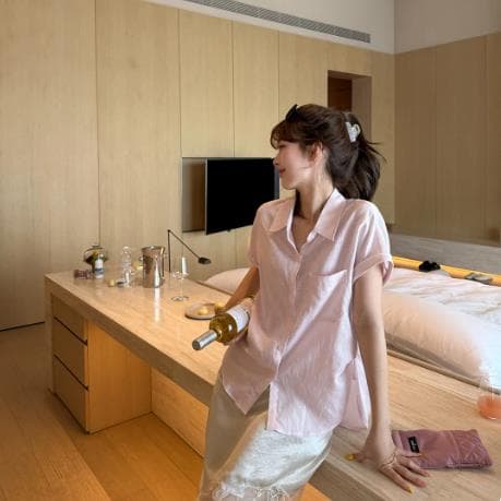 im ~까지 느슨함 그레이트 착용 주간 실크 라미 여성 셔츠 얇은 스타일 디자인 센스 느긋한 핀치 Pleat 반팔 맨위 상세 이미지 5