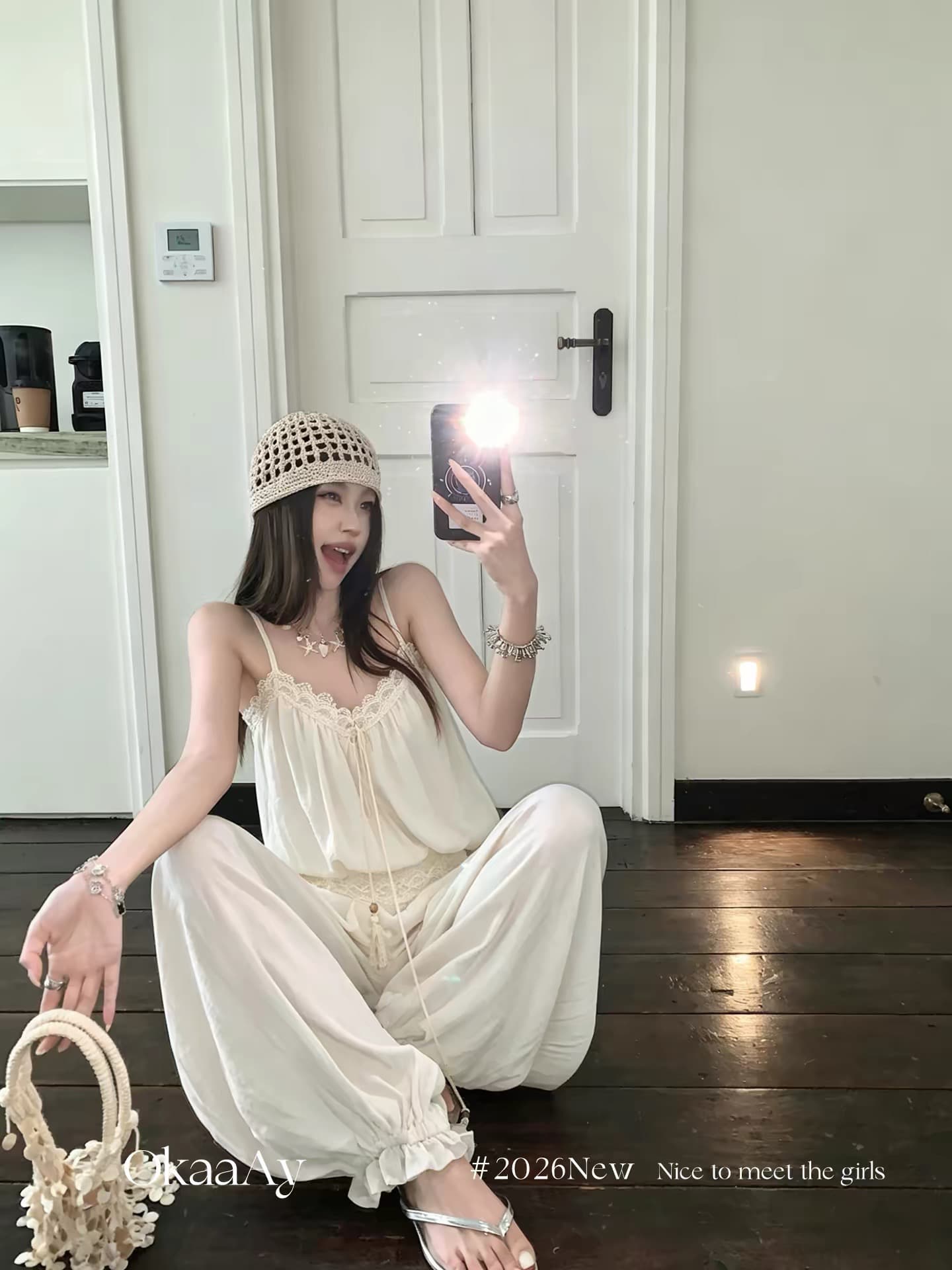 okaaay 부드러운 안개 꽃밭 순수한 욕망 레이스 캐미솔 여름 루즈핏 캐주얼 와이드 레그 팬츠 투피스 슈트