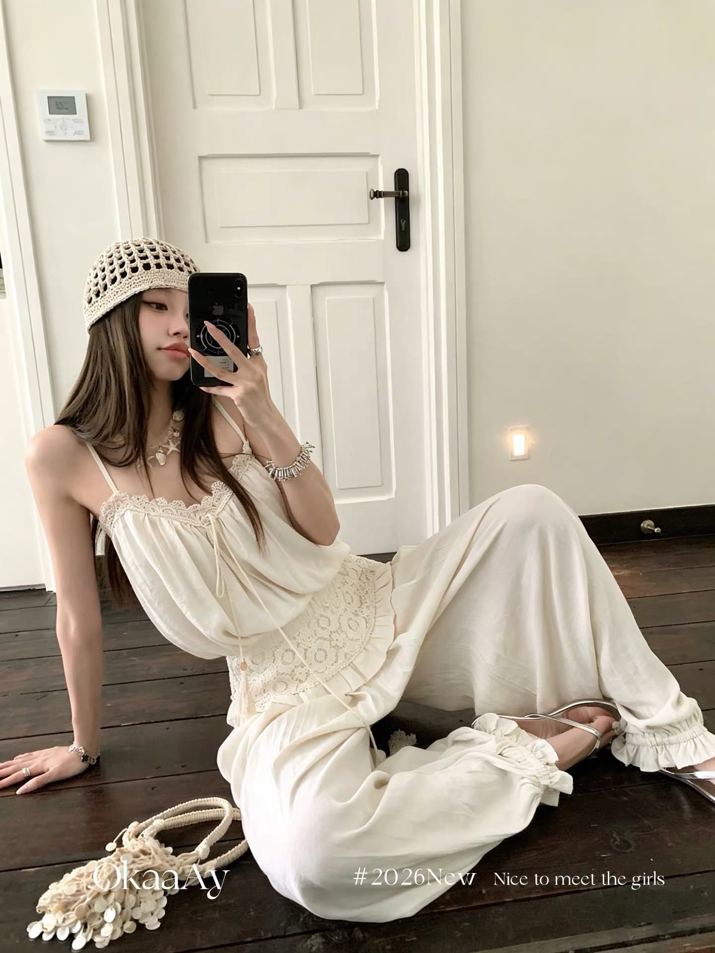 okaaay 부드러운 안개 꽃밭 순수한 욕망 레이스 캐미솔 여름 루즈핏 캐주얼 와이드 레그 팬츠 투피스 슈트 상세 이미지 6
