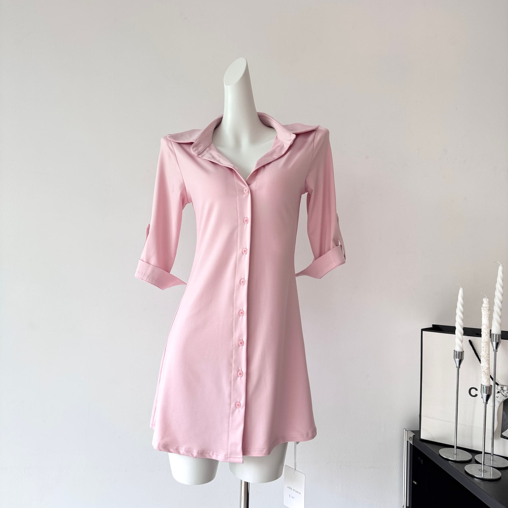 흔들어서 톤 yangzifan 부드러운 핑크색 POLO 칼라 몸매 가꾸기 나팔 소매 여성 드레스 여름 미니 스커트