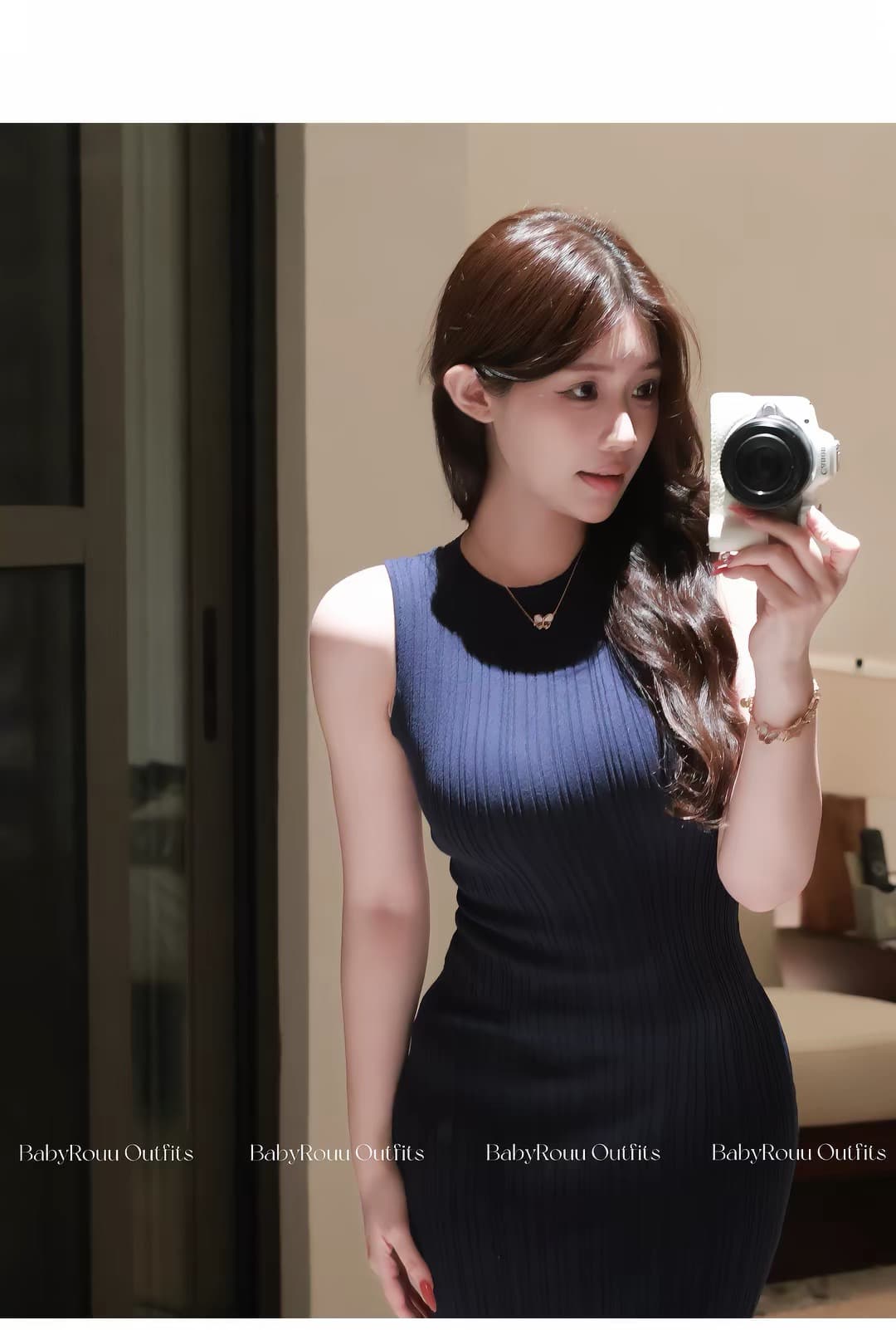 따뜻한 와 부드러운 빛 성숙한 여인 여름 핑크색 민소매 니트 여성 드레스 마이크로 지방 품격 몸매 가꾸기 타이트 스커트 롱 스커트 상세 이미지 1