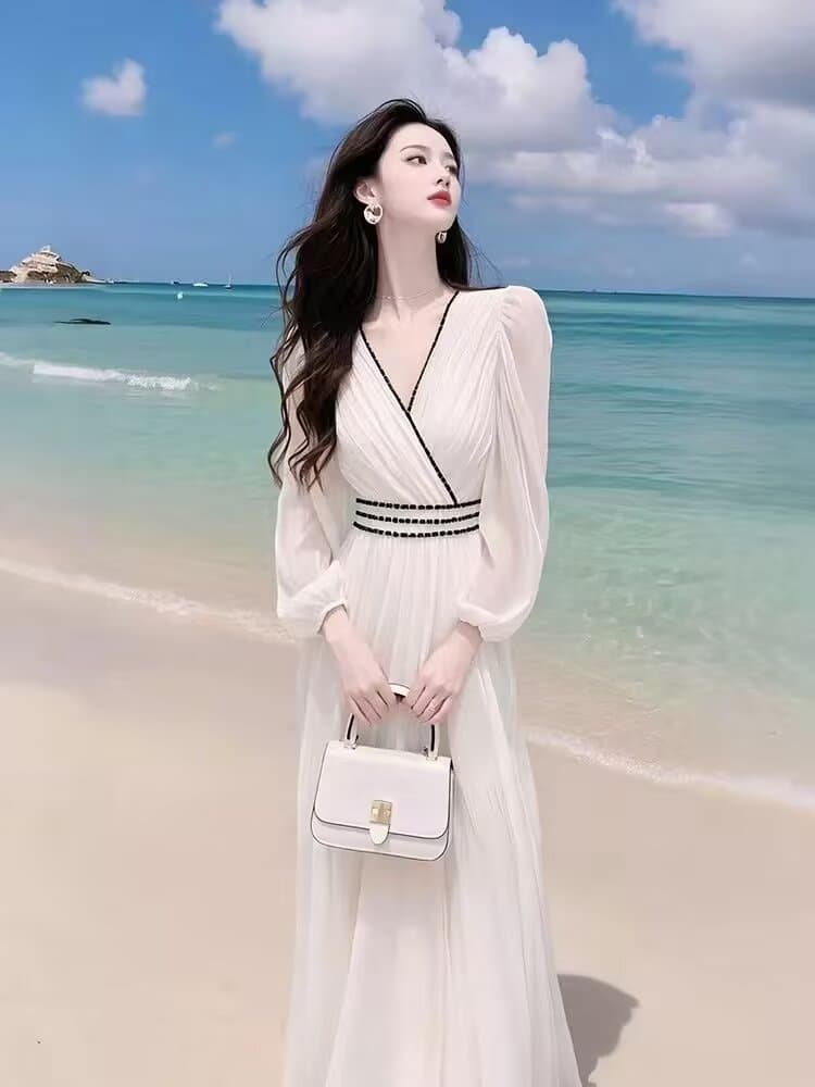 작은 샤넬 스타일 화이트 쉬폰 드레스 2026 이른 봄 해변가 휴가 바람 프랑스식 슈퍼 요정 요정 허리 수축 길다 치마 상세 이미지 1