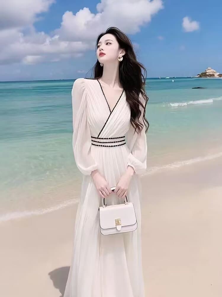 작은 샤넬 스타일 화이트 쉬폰 드레스 2026 이른 봄 해변가 휴가 바람 프랑스식 슈퍼 요정 요정 허리 수축 길다 치마 상세 이미지 2
