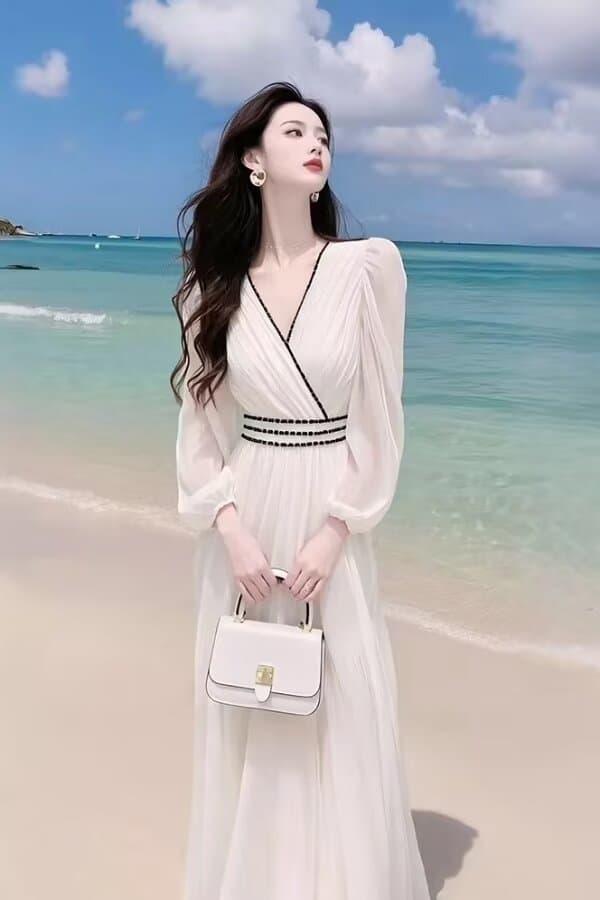 작은 샤넬 스타일 화이트 쉬폰 드레스 2026 이른 봄 해변가 휴가 바람 프랑스식 슈퍼 요정 요정 허리 수축 길다 치마 상세 이미지 3