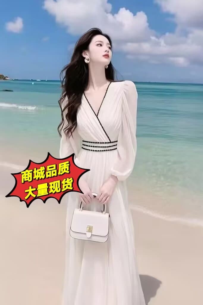 작은 샤넬 스타일 화이트 쉬폰 드레스 2026 이른 봄 해변가 휴가 바람 프랑스식 슈퍼 요정 요정 허리 수축 길다 치마 이미지 2