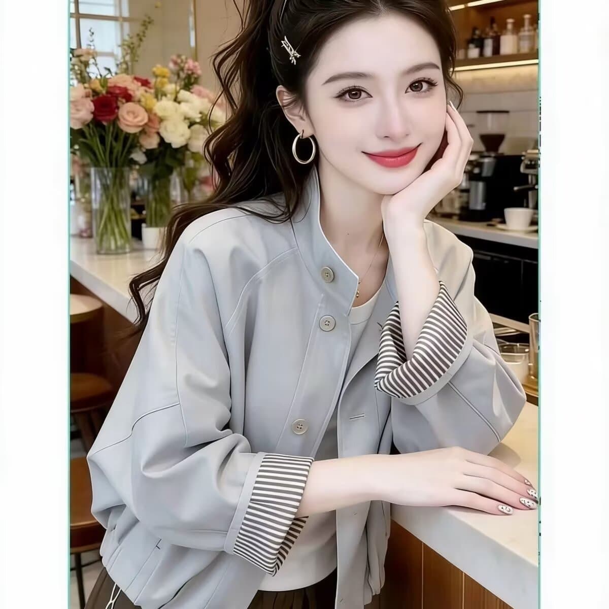 폴로 칼라 단색 허리 재킷 짧은 외투 한국 스타일 chic 캐주얼 빅 사이즈 여성 의류 이미지 4
