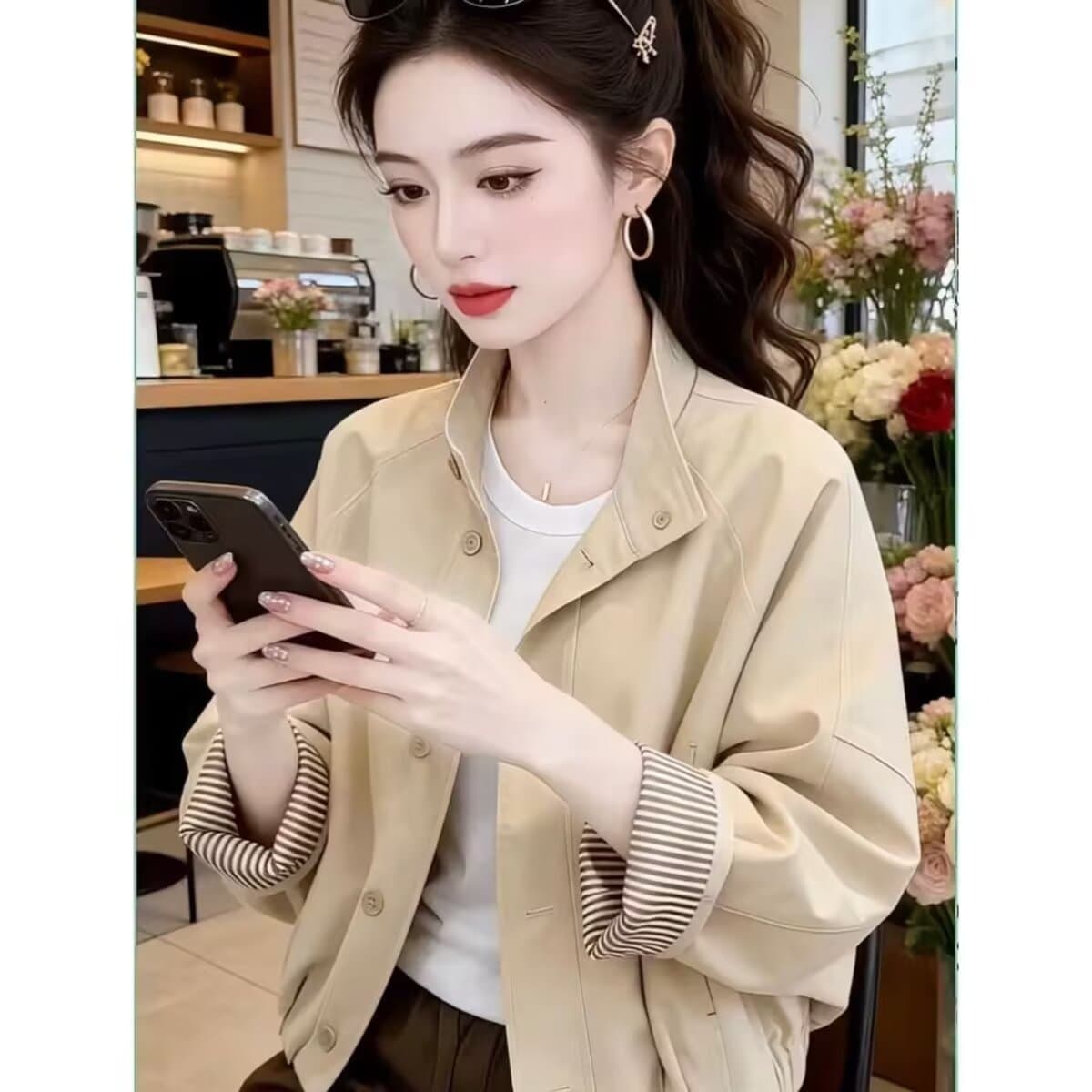 폴로 칼라 단색 허리 재킷 짧은 외투 한국 스타일 chic 캐주얼 빅 사이즈 여성 의류 상세 이미지 4