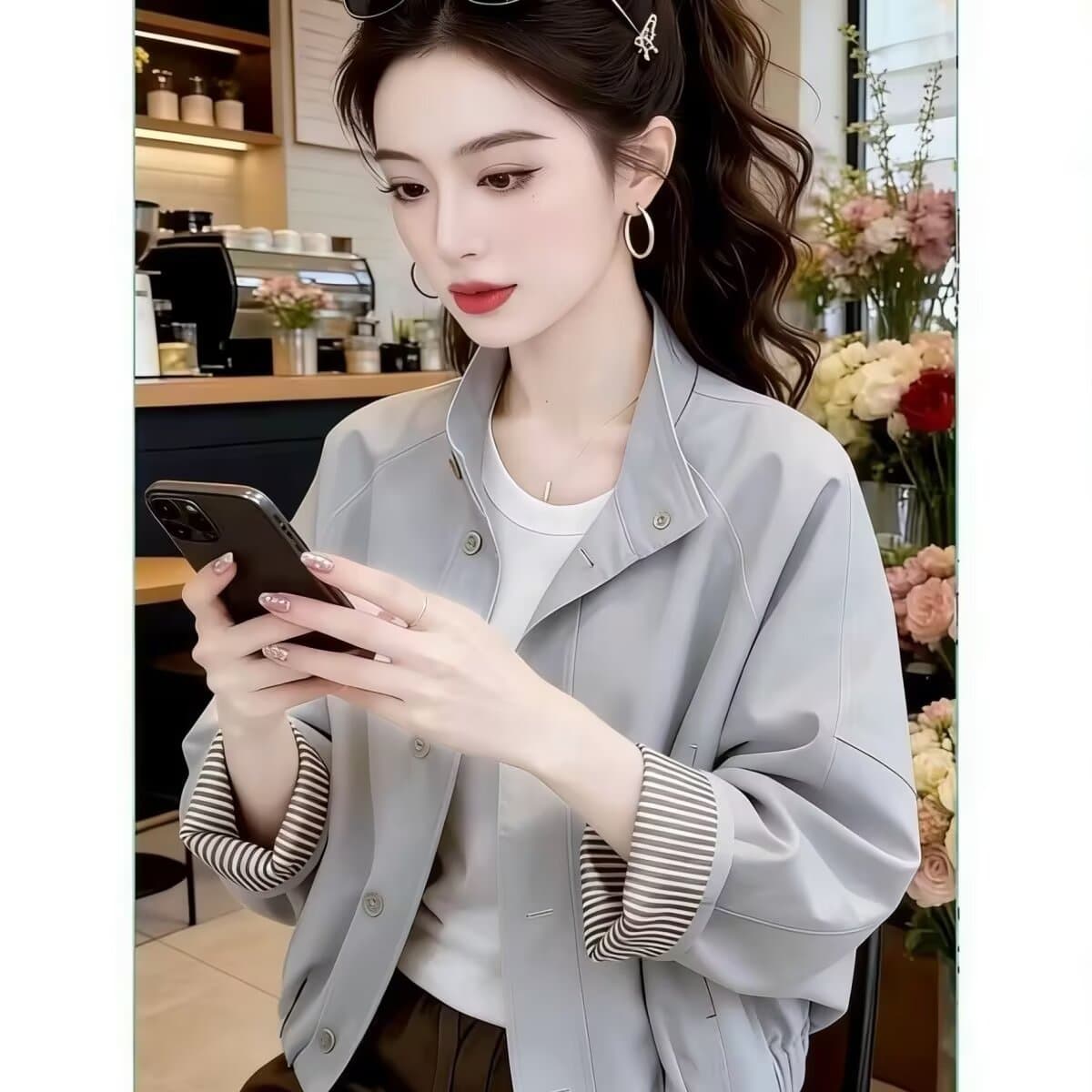 폴로 칼라 단색 허리 재킷 짧은 외투 한국 스타일 chic 캐주얼 빅 사이즈 여성 의류 상세 이미지 6