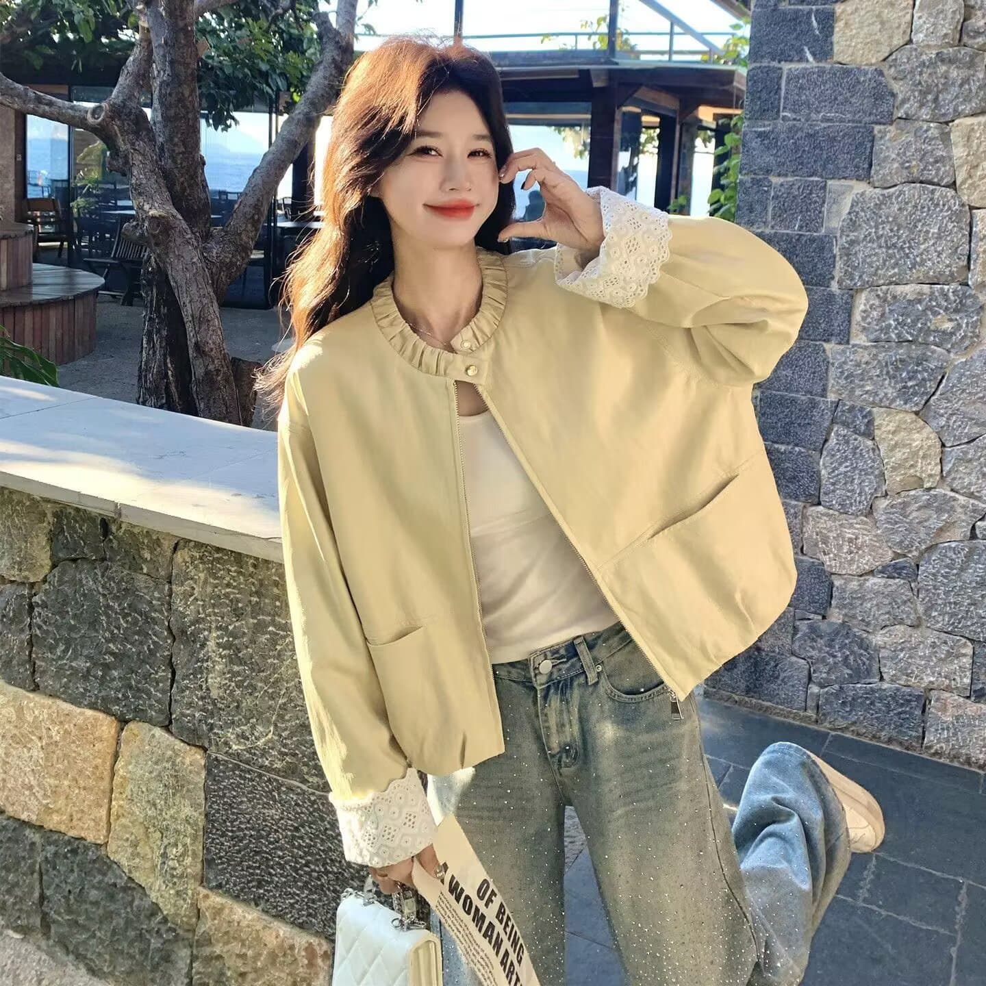 우유 황색 레이스 라운드 넥 레이스 커프스 재킷 여성 코트 봄 가을 2026 새로운 부드러운 절묘한 아름다운 맨위 이미지 4