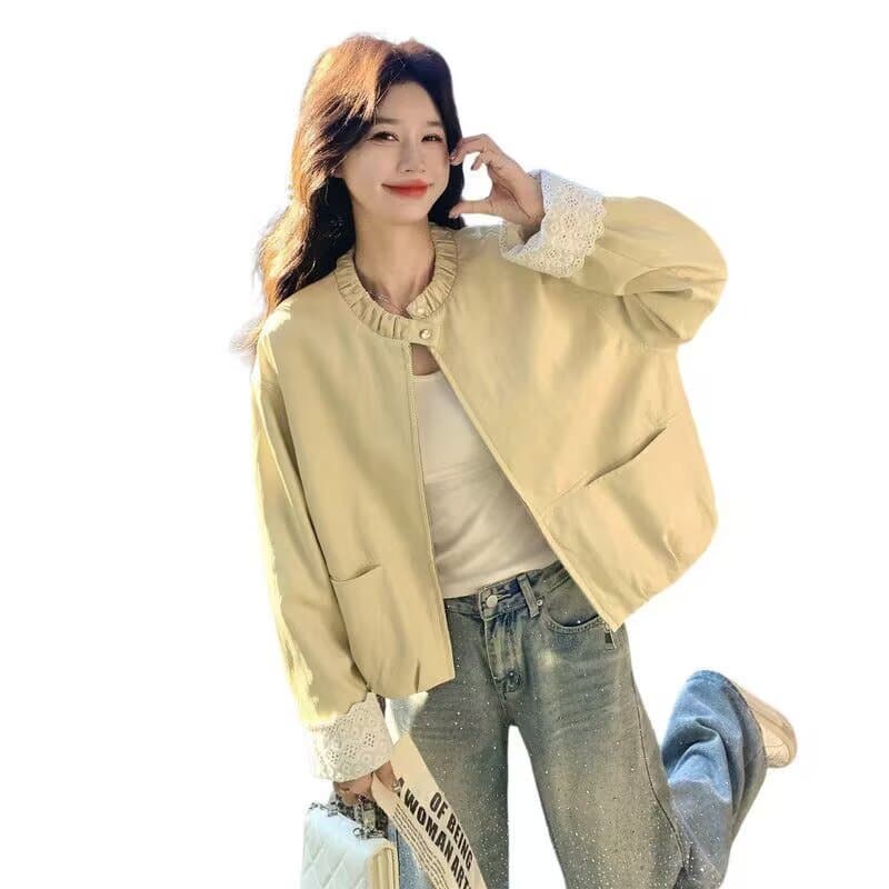 우유 황색 레이스 라운드 넥 레이스 커프스 재킷 여성 코트 봄 가을 2026 새로운 부드러운 절묘한 아름다운 맨위 상세 이미지 3