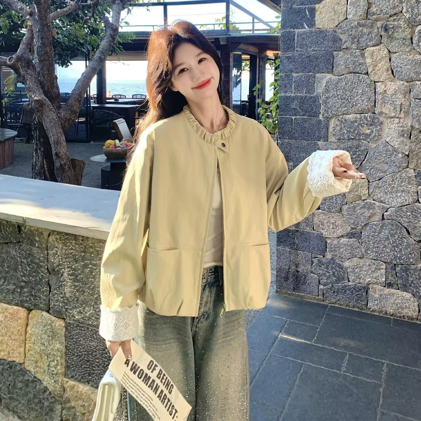 우유 황색 레이스 라운드 넥 레이스 커프스 재킷 여성 코트 봄 가을 2026 새로운 부드러운 절묘한 아름다운 맨위 상세 이미지 5