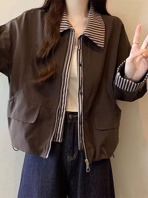 있음 선적 한국 chic 페이크 레이어드 스트라이프 패치워크 짧은 외투 루즈핏 캐주얼 재킷 상세 이미지 5