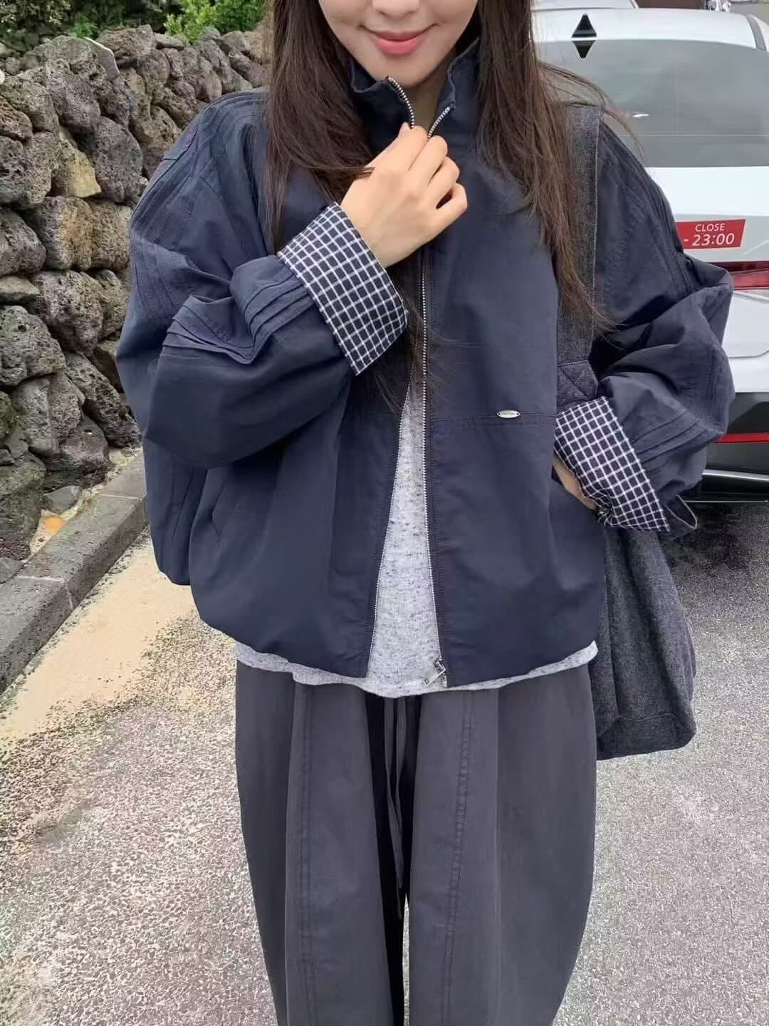 가을 겨울 한국 스타일 작은 키 다용도 미니멀리즘 패치워크 체크무늬 바람막이 짧은 외투 재킷 여성 패션 재킷 이미지 3