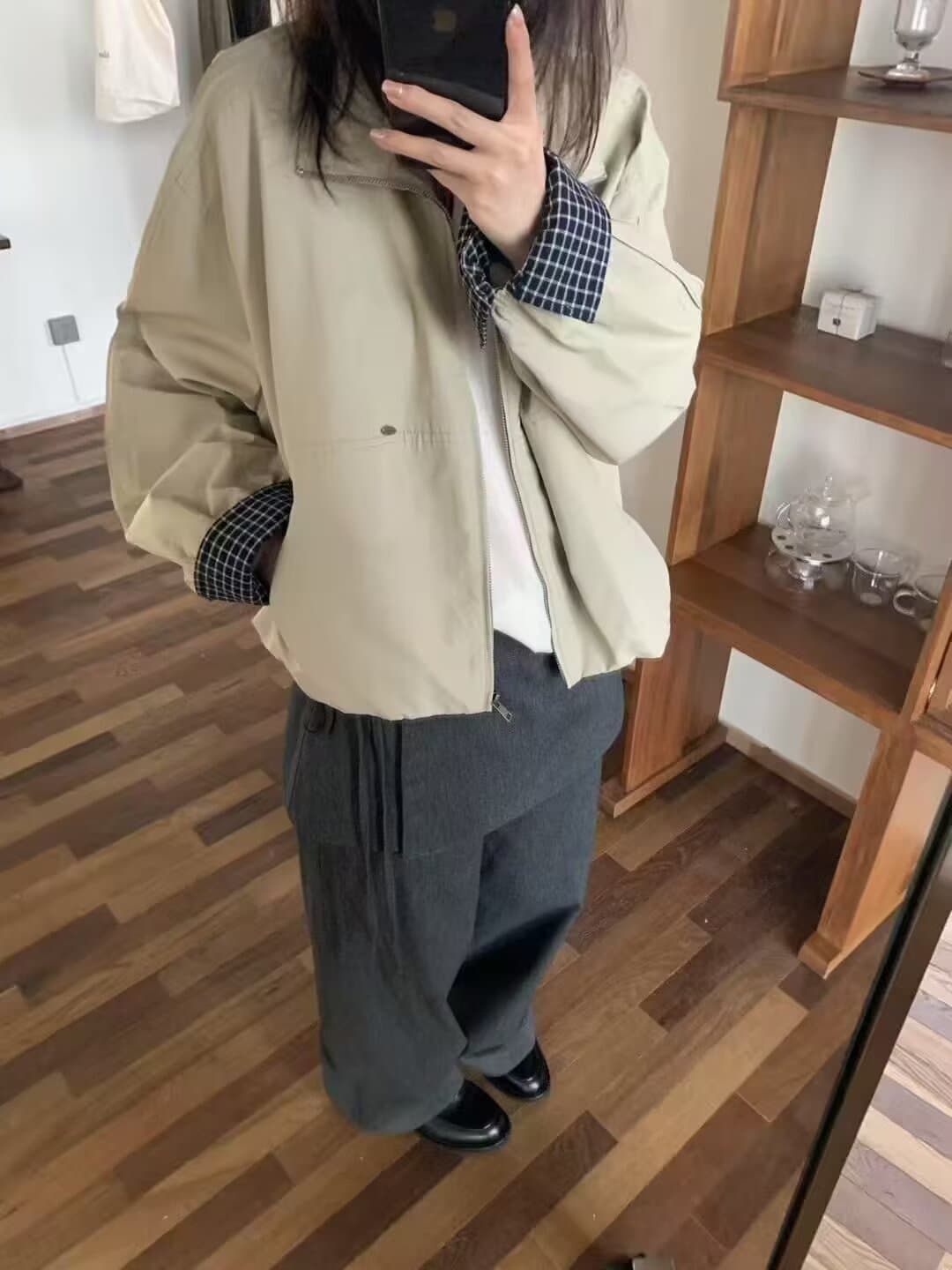 가을 겨울 한국 스타일 작은 키 다용도 미니멀리즘 패치워크 체크무늬 바람막이 짧은 외투 재킷 여성 패션 재킷 상세 이미지 4