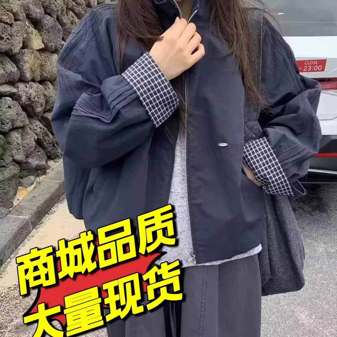가을 겨울 한국 스타일 작은 키 다용도 미니멀리즘 패치워크 체크무늬 바람막이 짧은 외투 재킷 여성 패션 재킷 이미지 2