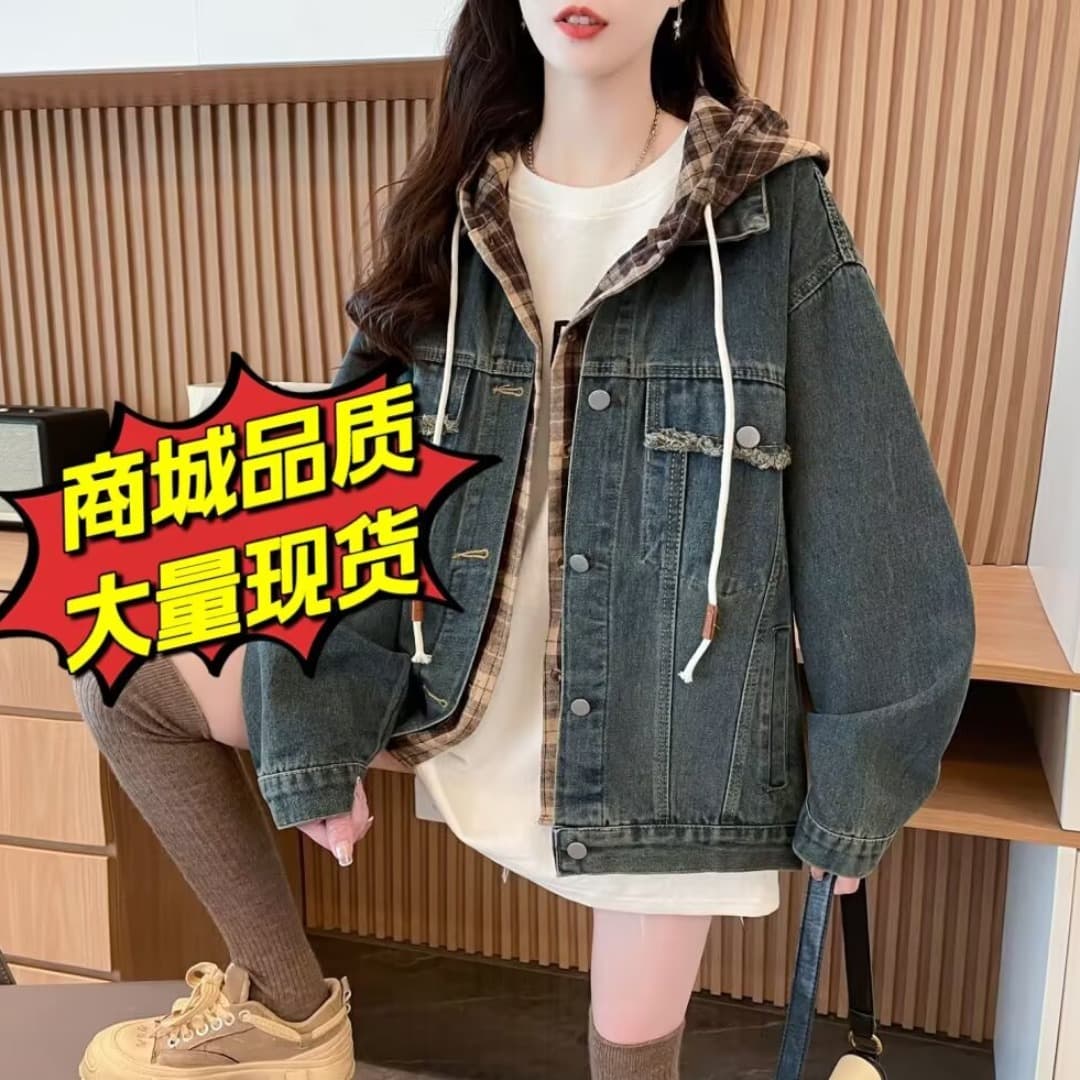 페이크 레이어드 패치워크 데님 여성 코트 2026 봄 가을 새로운 한국 스타일 작은 키 후드 루즈핏 재킷 맨위