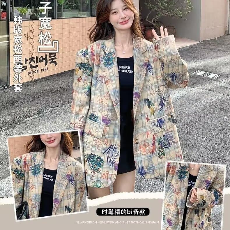 낙서 프린트 작은 양복 여성 코트 2026 가을 한 부서 디자인 센스 캐주얼 패션 작은 키 튀김 거리 정장 상세 이미지 3