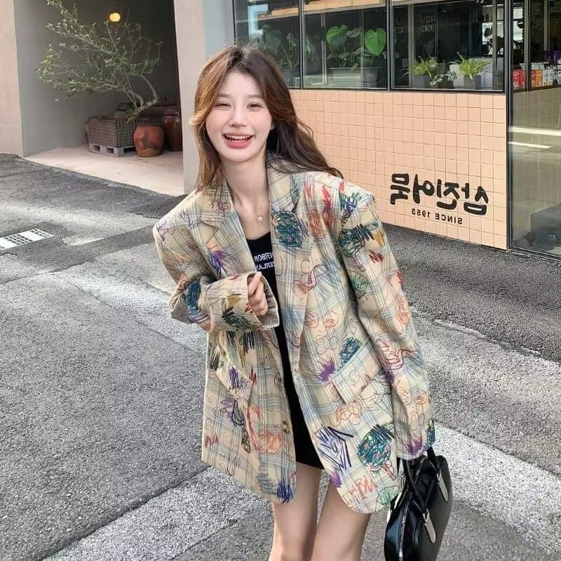 낙서 프린트 작은 양복 여성 코트 2026 가을 한 부서 디자인 센스 캐주얼 패션 작은 키 튀김 거리 정장 상세 이미지 5