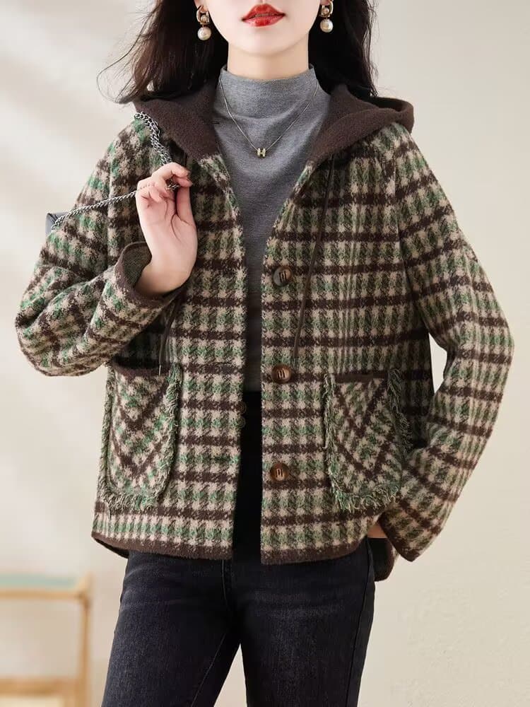 캐주얼 루즈핏 후드 체크무늬 여성 코트 하운드투스 체크 한국 스타일 슬림해 보이는 배트윙 소매 쇼트 스타일 오픈 가디건 두꺼움 상세 이미지 5