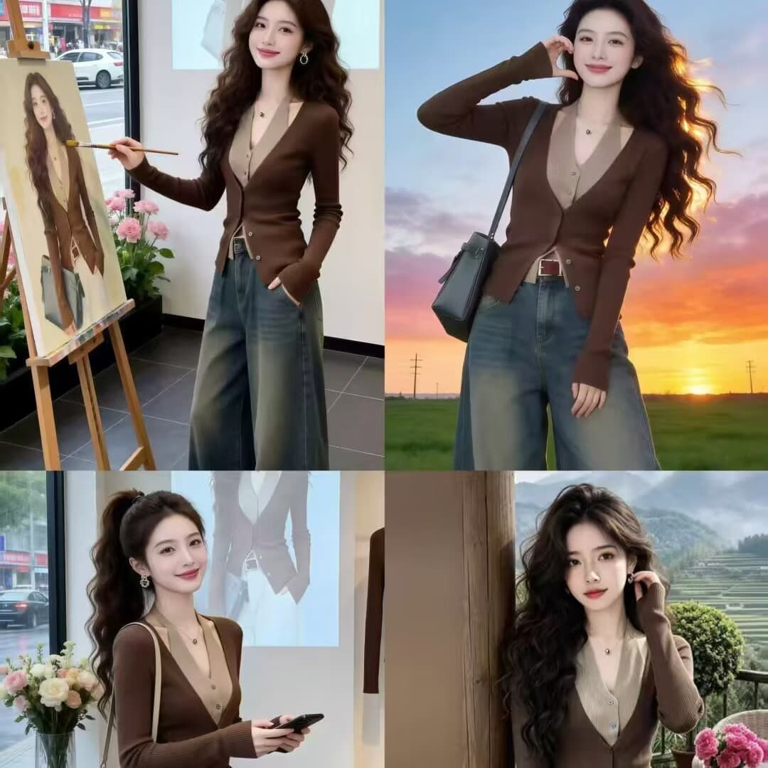 패션 한국 스타일 페이크 레이어드 반팔 티셔츠 외국 가스 여름 얇고 가벼운 패션 배색 패치워크 슬림해 보이는 작은 대중 니트 스웨터 이미지 4