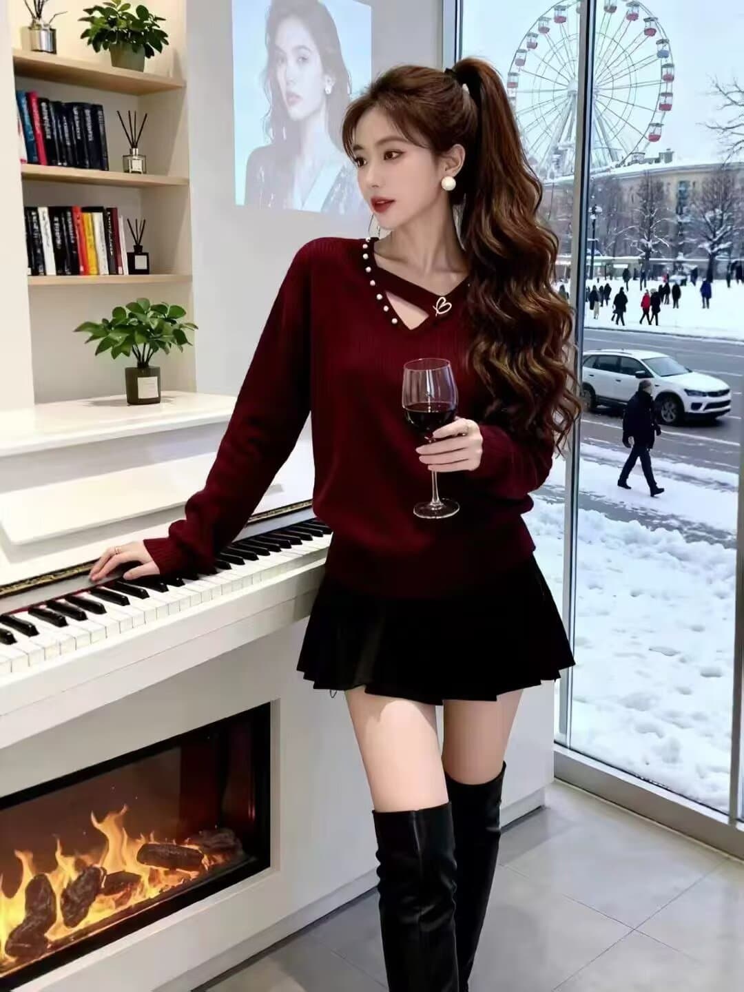 가을 새로운 오래된 돈 바람 신년 빨간색 비즈 박기 긴팔 니트 스웨터 여성 품격 다용도 느긋한 바람 V넥 스웨터 상세 이미지 2