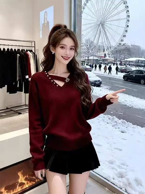 가을 새로운 오래된 돈 바람 신년 빨간색 비즈 박기 긴팔 니트 스웨터 여성 품격 다용도 느긋한 바람 V넥 스웨터 상세 이미지 5