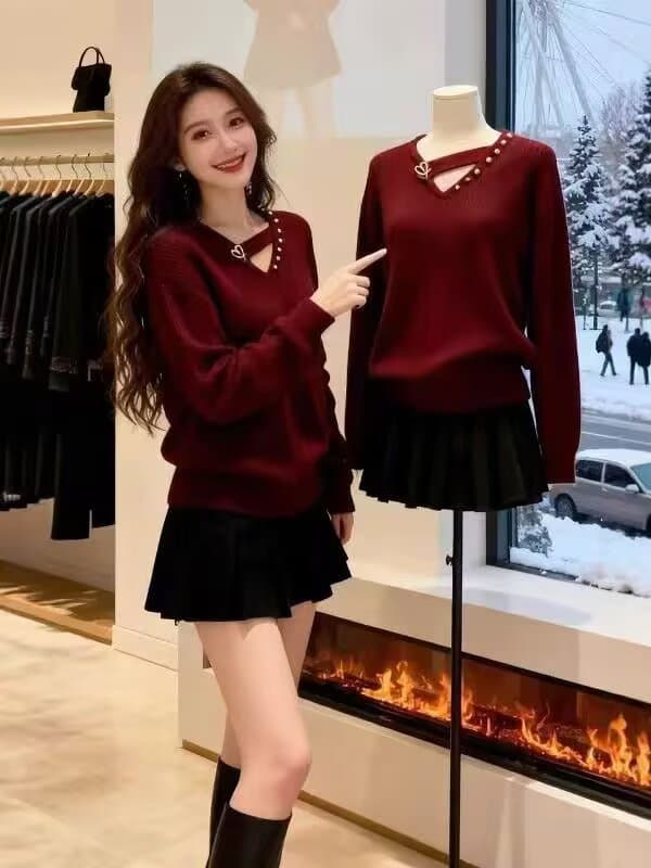 가을 새로운 오래된 돈 바람 신년 빨간색 비즈 박기 긴팔 니트 스웨터 여성 품격 다용도 느긋한 바람 V넥 스웨터 상세 이미지 7