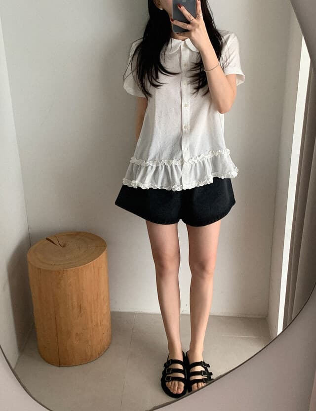 크기 있음 업데이트 한국 chic 여름 연령 감소 프릴 도트 무늬 맨위 셔츠 상세 이미지 2