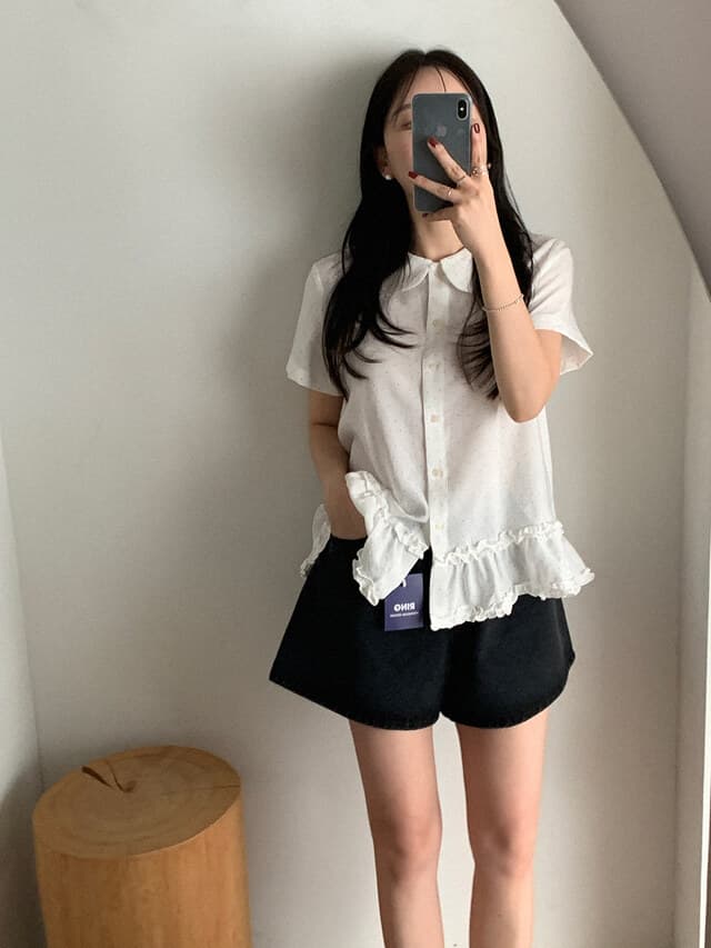 크기 있음 업데이트 한국 chic 여름 연령 감소 프릴 도트 무늬 맨위 셔츠 상세 이미지 3