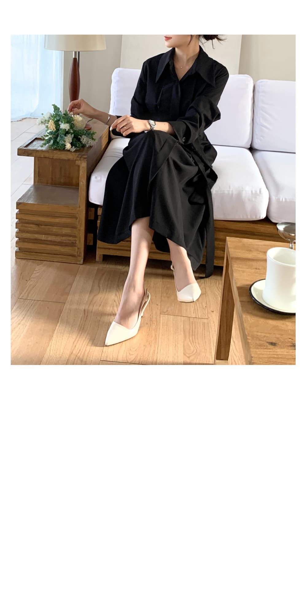 크기 있음 업데이트 한국 chic 프랑스식 폴로 칼라 싱글 줄 버튼 레이스업 허리 수축 슬림해 보이는 드레스 상세 이미지 29