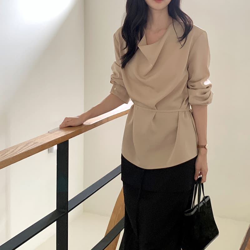 크기 있음 업데이트 한국 chic 품격 프랑스식 불규칙 네클라인 디자인 레이스업 다용도 맨위 이미지 3