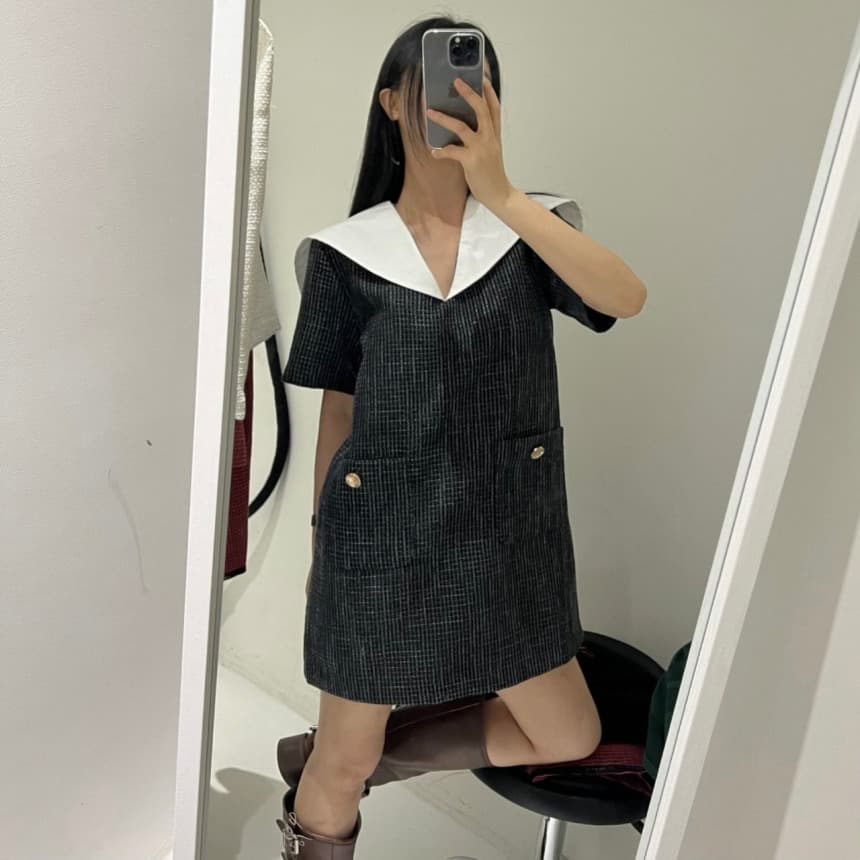 크기 있음 업데이트 한국 chic 프랑스식 모직물 작은 샤넬 스타일 해군 칼라 폴로 칼라 드레스 이미지 3