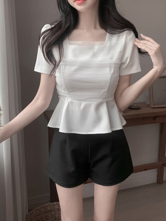 크기 있음 업데이트 한국 chic 프랑스식 망사 패치워크 광장 칼라 거품 소매 맨위 이미지 2