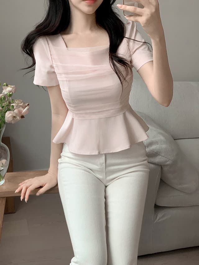 크기 있음 업데이트 한국 chic 프랑스식 망사 패치워크 광장 칼라 거품 소매 맨위 상세 이미지 4